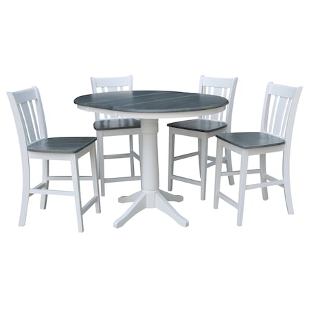 International Concepts Round 36 in Rd Extend Dining Table, 4 San Remo Stools, White/Heather Gray, 36 W, 48 L, 36.1 in H K05-36RXT-27B-S102-4
